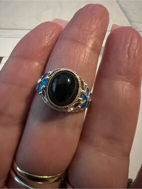 Vintage Sterling Silver Black Onyx Ring with Blue Enamel Flowers